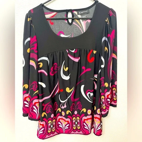 INC International Concepts Paisley 3/4 Bell Sleeve Pink Black Blouse Size M P - Picture 2 of 8